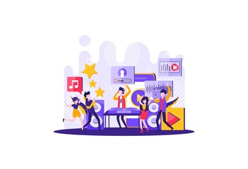 little man illustration. modern music with a DJ board and people dancing. Vector illustration
