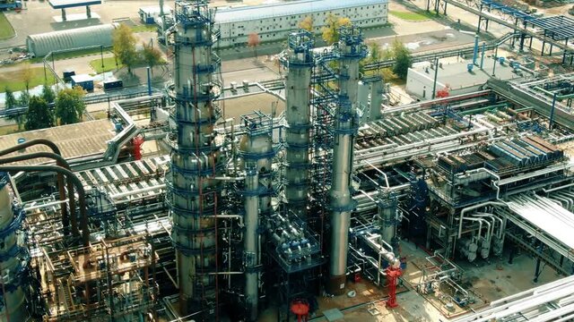 Aerial view of an oil refinery distillation columns or towers used for gasoline production