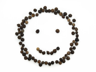 Black pepper emoticon smile. Isolated tasty, background herb, spice,  peppercorn emoticons for social media banner.