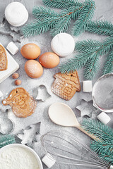 Fototapeta na wymiar Ingredients for cooking Christmas baking. Christmas gingerbread of various shapes. Festive food, family culinary, Merry Christmas and New Year traditions concept.