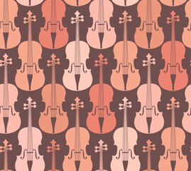 Pink violins, seamless pattern. Pink violins on a gray field. Color, flat decor. Vector.  
