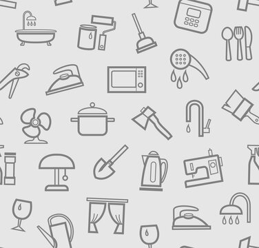 Household goods and appliances, seamless pattern, color, light. Gray icons on a light field. Thin outline. Vector.  