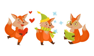 Funny Orange Fox Holding Heart and Reading Book Vector Set