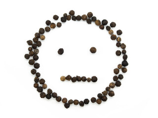 Black pepper emoticon sad. Isolated tasty, background herb, spice,  peppercorn emoticons for social media banner.