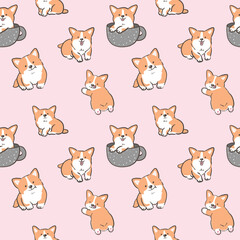 Seamless Pattern with Cute Cartoon Corgi Dog Design on Pink Background