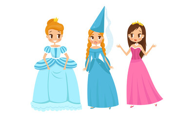 Smiling Princess with Hairstyle Wearing Crown and Dressy Look Garment Vector Illustration Set