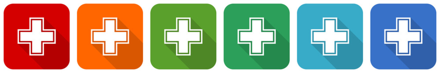 Fototapeta premium Pharmacy icon set, flat design vector illustration in 6 colors options for webdesign and mobile applications