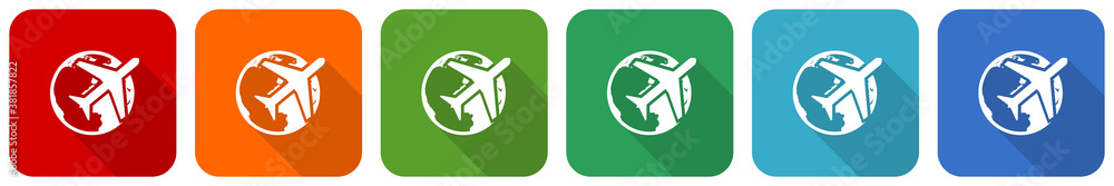 Aufkleber travel icon set, flat design vector illustration in 6 colors options for webdesign and mobile applic