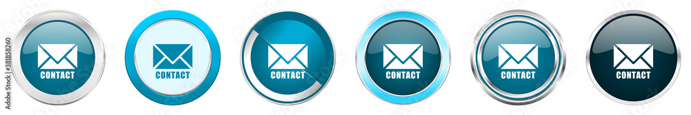 Aufkleber email silver metallic chrome border icons in 6 options, set of web blue round buttons isolated on wh