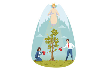 Christianity, religion, protection, gardening, business, support concept. Angel biblical religious character protecting businessman guy woman clerk manager pouring money tree. Divine support success.