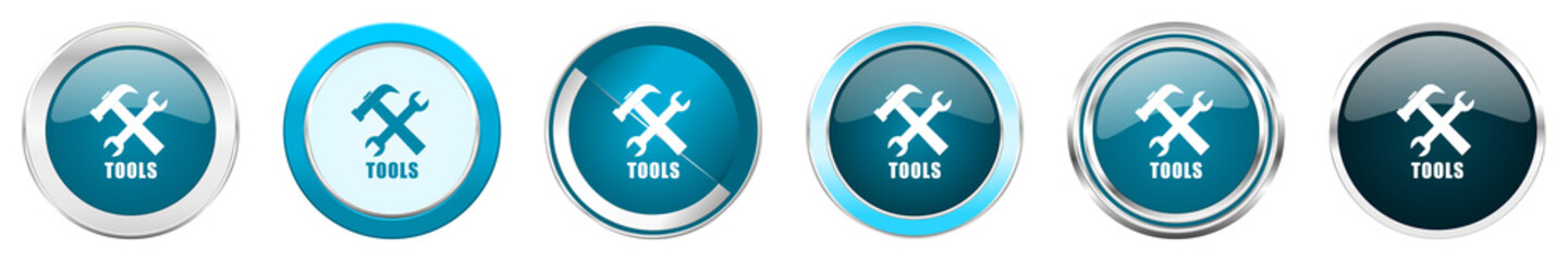 Tools silver metallic chrome border icons in 6 options, set of web blue round buttons isolated on white background
