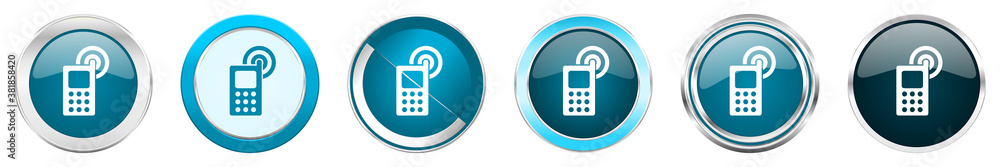 Aufkleber Phone silver metallic chrome border icons in 6 options, set of web blue round buttons isolated on white background