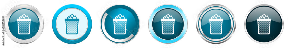 Poster Trash can silver metallic chrome border icons in 6 options, set of web blue round buttons isolated on white background