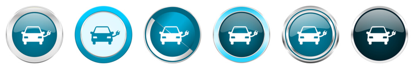 Electric car silver metallic chrome border icons in 6 options, set of web blue round buttons isolated on white background