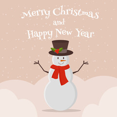 Christmas greeting card with snowman. Vector illustration.	