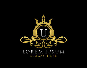 Royal Beauty Logo With U Letter. Luxury Gold Floral Badge With Beauty Woman Face Shape perfect for salon, spa, cosmetic, Boutique, Jewelry.