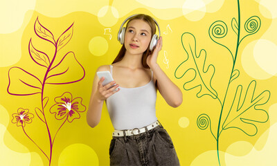 Listening to music. Caucasian woman's portrait. Beautiful female model in casual. Concept of human emotions, facial expression, ad, copyspace. Bright, modern illustrated background. Line art design.
