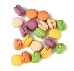 round baked multi-colored almond flour cakes macarons, dessert isolated on a white background