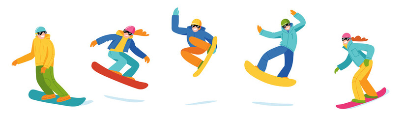 Fototapeta premium Set of snowboarders in flat modern style.