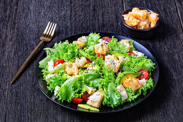 salad with veggies, cheese, croutons, top view