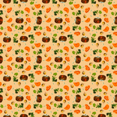 Pattern with dark green pumpkin and pumpkin smoothie. Slices and slice of orange pumpkin. Pumpkin seeds and leaves.
