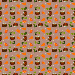 Pattern with dark pumpkin.Slices, pieces, seeds, flowers and a branch.