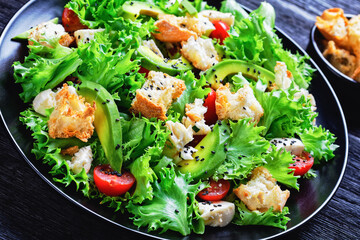 salad with veggies, cheese, croutons, top view