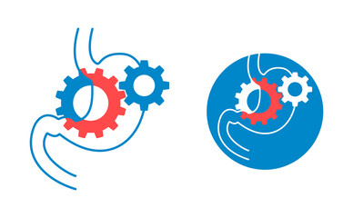 Digestive laxative system icon in 2 versions - human stomach with gear box mechanism inside - for gastro medical drugs packaging  - isolated vector emblem 