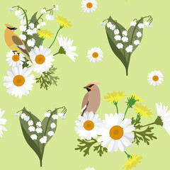 Vector seamless illustration with wildflowers and bird waxwings.