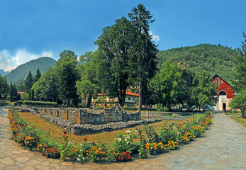 Monastic courtyard of the Patriarchate of Pec Monastery in Kosovo. Patriarchate of Pec Monastery is...