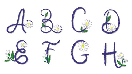 Latin alphabet letters stylized as embroidery, decorated with daisies.
