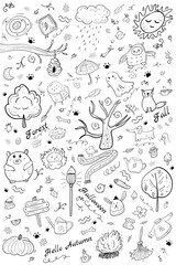 Hand drawn Sketchy Autumn theme. Cartoon Vector Halloween decor. Coloring Illustration with holiday elements