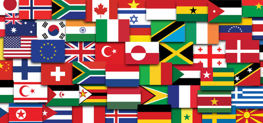 Big flag background made of world country flags icons. International countries flags signs. 