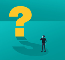 Confused man stands at big question mark before important choice (correct decision choosing) - vector illustration for making an important choice or political voting