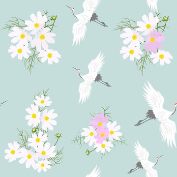 Seamless vector illustration with flowers and cranes