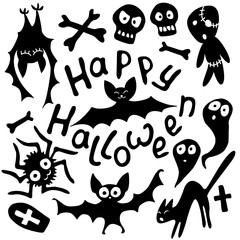 Happy Halloween-set of traditional characters-cat, zombie, bones, skulls, spider, bats, tombstone, ghosts in flat style. Elements, title for festive design, greeting card, invitation, party poster