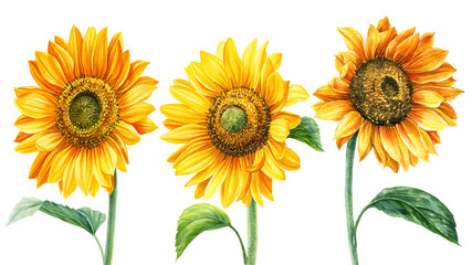 Obraz premium Sunflowers on an isolated white background, watercolor painting, hand drawing