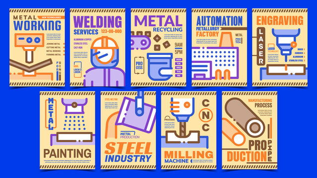 Metallurgical Industry Promo Posters Set Vector. Milling And Painting Machine, Metal Recycling And Metallurgical Factory Promotional Banners. Concept Template Style Color Illustrations