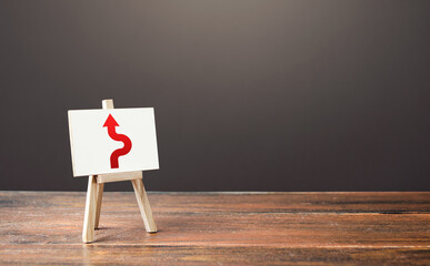 An easel with a red arrow avoiding an obstacle. Deviation from the route. Inevitability and...