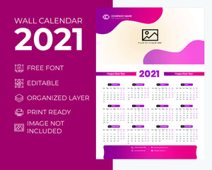 2021 Wall calendar purple template design,Editable Vector Calendar, Set of 12 Months, the week starts from Monday, calendar planner,Stationery design