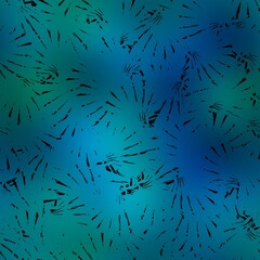 Seamless Miami night tropical pattern black foliage on sunset blur. High quality illustration. Swim, sports, or resort wear repeat print. Dark foreground on blurred background. Dark vibrant colors.