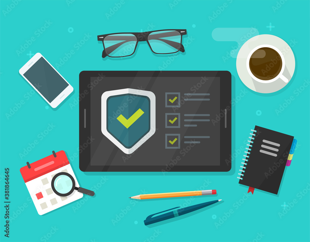 Poster security verification check list vector digital test, identity fraud spy checklist scan on tablet co