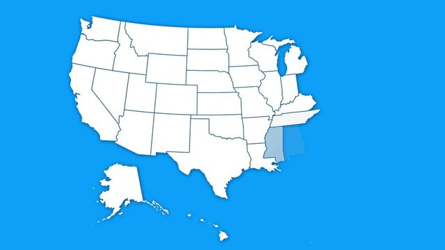 USA American Map Reveal Intro By States Animation/ 4k animated simple and minimal american map intro background with states appearing and fading one by one and camera movement