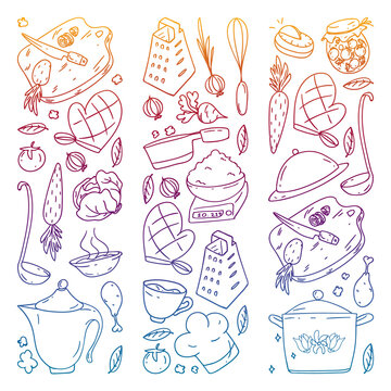 Vector set of cooking, gastronomy, vector cuisine and fast food cafe icons in doodle style. Painted, colorful, gradient, on a sheet of checkered paper on a white background.