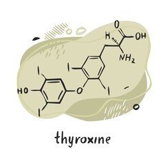 Thyroxine formula. Form of thyroid hormone hand drawn by line on the background of abstract objects and shapes. Symbol for biology, chemistry, naturopathy, medicine. Flat cartoon vector illustration.