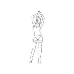 Sexy woman or girl wearing lingerie clothes line art. Female wardrobe. Hot chick linear icon sign or symbol. Prostitute concept. Bar stripper. Adult porn star. Porn worker linear vector illustration.