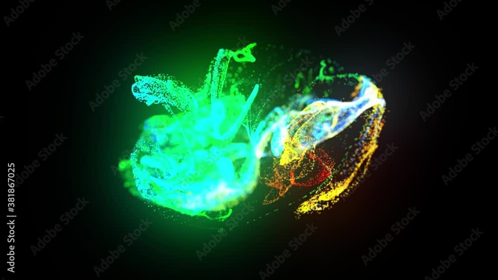 Poster injection of fluorescent multicolor ink in water in 4k. 3d render of glow particles in ink flow. lum
