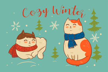 Postcard with cats in scarves and the inscription cozy winter. Vector graphics.