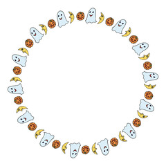 Round frame with ghost, pumpkin and moon for Halloween. Vector image.
