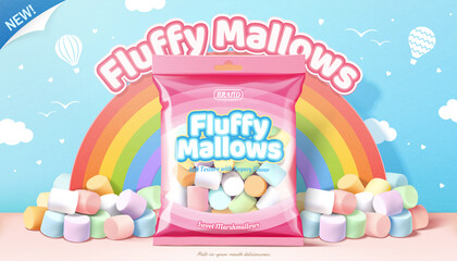 Fluffy marshmallows promo ad - obrazy, fototapety, plakaty